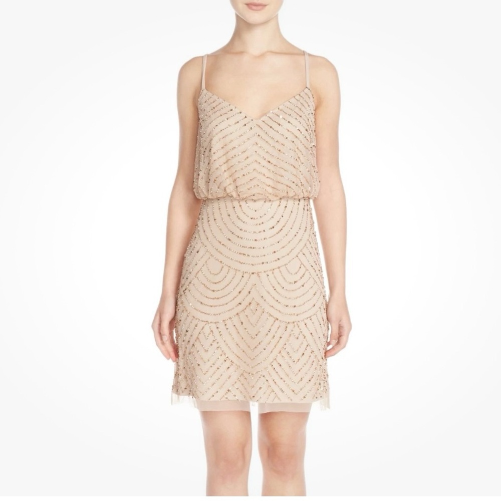 Adrianna Papell Beige Beaded Short Cocktail Dress